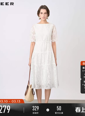 sdeer圣迪奥女清水系田园风圆领收腰花边泡泡袖连衣裙S242Z12G2