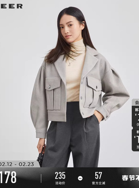 sdeer圣迪奥女装春秋装西装领宽松毛呢工装短外套S223Z2601