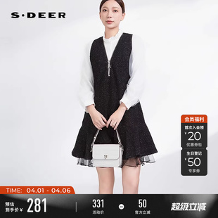 sdeer圣迪奥冬装 V领网纱拼接毛呢背带连衣裙S234Z12C5 女装