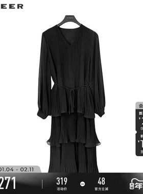 sdeer圣迪奥春秋装女装V领风琴褶收腰垂坠蛋糕裙S243Z12C8