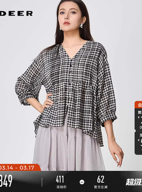 sdeer圣迪奥女装夏季清新V领棋盘格长袖衬衫上衣S252Z3216