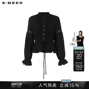 sdeer圣迪奥女秋装木耳边V领风琴褶收腰镂空花边衬衫S243Z0522