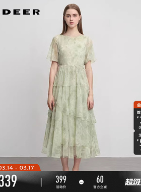 sdeer圣迪奥夏季女装田园风圆领晕染收腰泡泡袖连衣裙S242Z12Q8