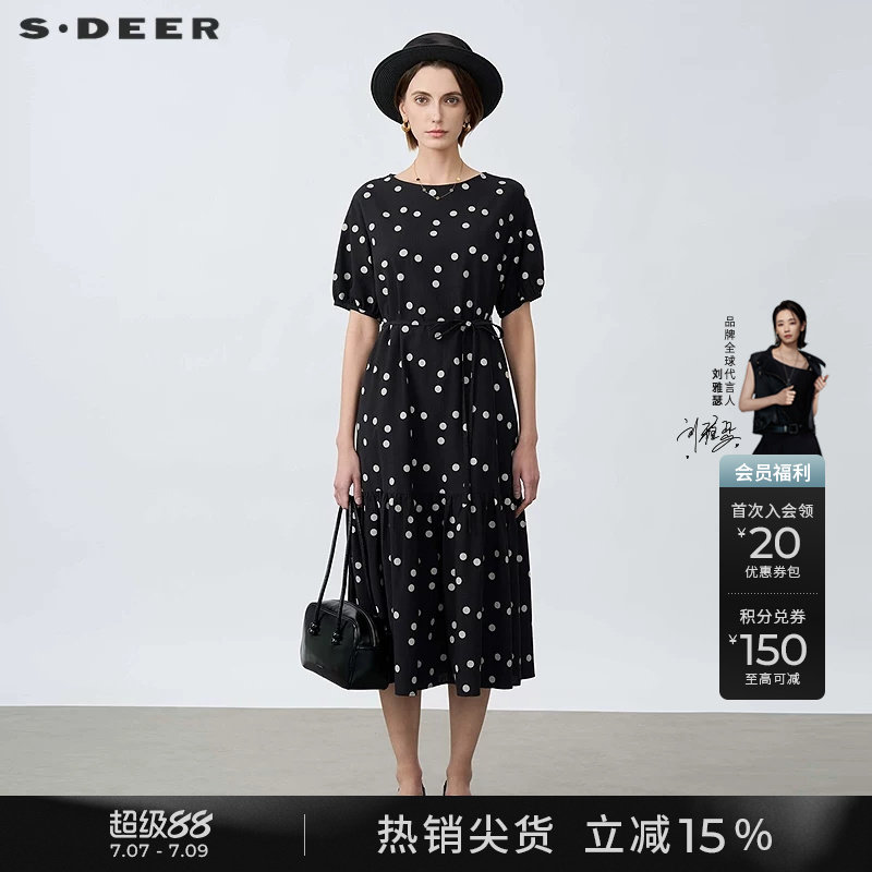 sdeer圣迪奥夏季复古圆领撞色波点收腰短袖黑色连衣裙女S25261209
