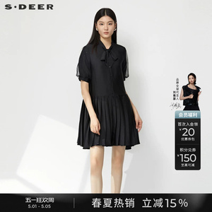 sdeer圣迪奥夏季女装小黑裙学院风系带网纱衬衫连衣裙S232Z12L8