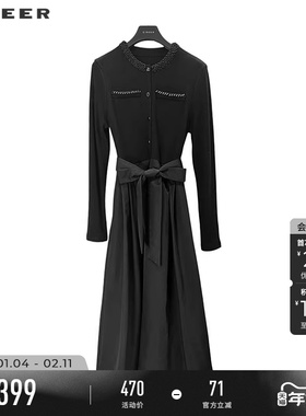 sdeer圣迪奥冬季女装法式圆领收腰拼接长袖连衣裙S244Z1245