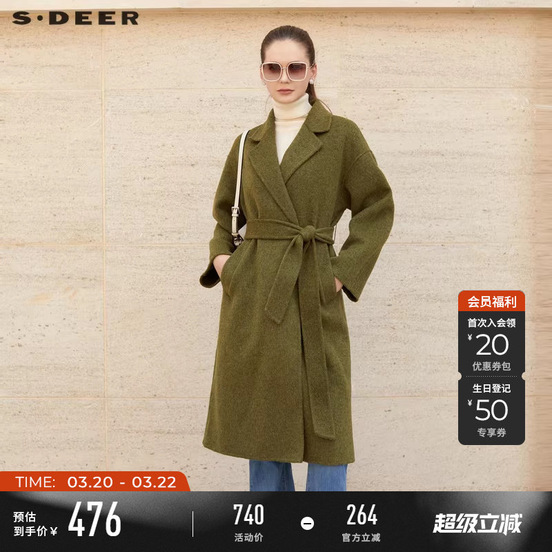 sdeer圣迪奥女装休闲西装领呢子收腰长款毛呢大衣长外套S23462503