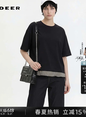 sdeer圣迪奥夏季女装时尚圆领棋盘格拼接宽松T恤S252Z0121