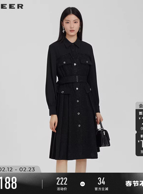 sdeer圣迪奥女装翻领拼接收腰格纹衬衫气质连衣裙春女S231Z1225