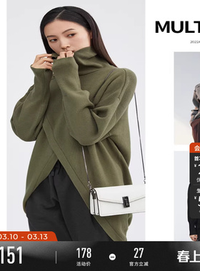 sdeer圣迪奥女装时尚气质高领不规则宽松慵懒黑色针织衫S214Z3501