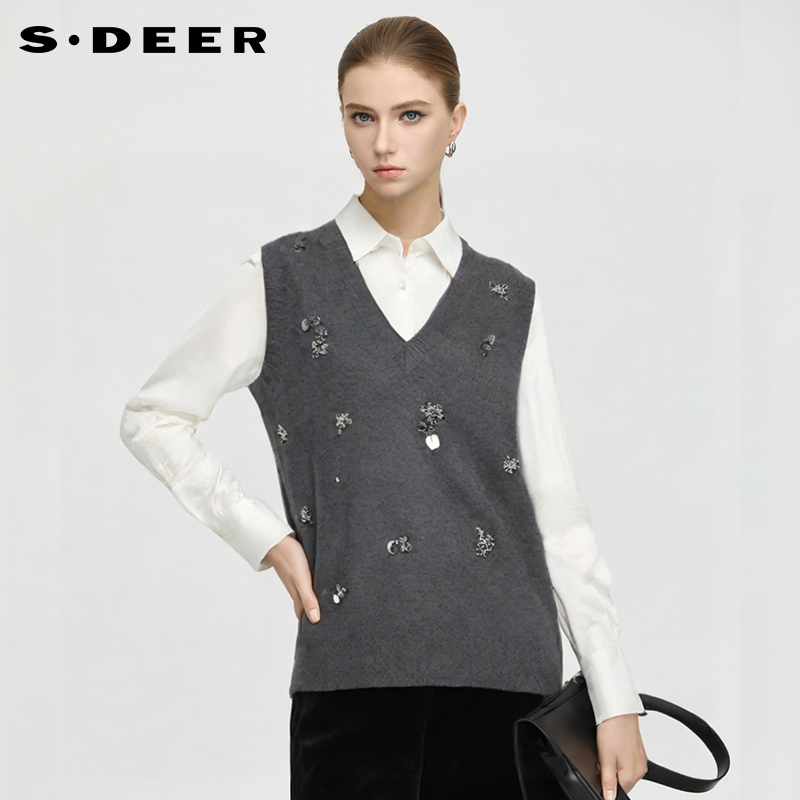 sdeer学院风罗纹V领钉珠针织衫