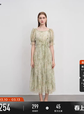 sdeer圣迪奥夏季女装田园风方领碎花收腰网纱连衣裙S242Z12P9