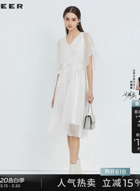 sdeer圣迪奥夏春秋装女装小白裙V领露肩甜美约会连衣裙S223Z12V1