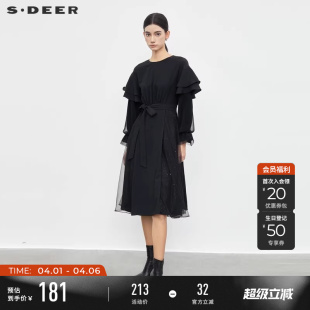 sdeer圣迪奥春秋装 圆领收腰网纱雪纺荷叶边连衣裙S233Z12G6 女装