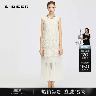 sdeer圣迪奥夏季女装复古圆领绣花网纱无袖连衣裙S252Z12F3