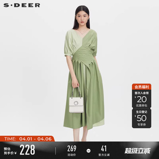 sdeer圣迪奥女装 雪纺连衣裙S232Z12N6 V领撞色泡泡袖