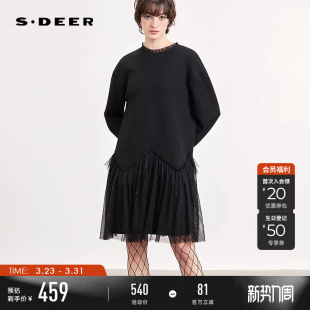 连衣裙S261Z1214 圆领不规则网纱拼接长袖 sdeer圣迪奥女装 26年新品