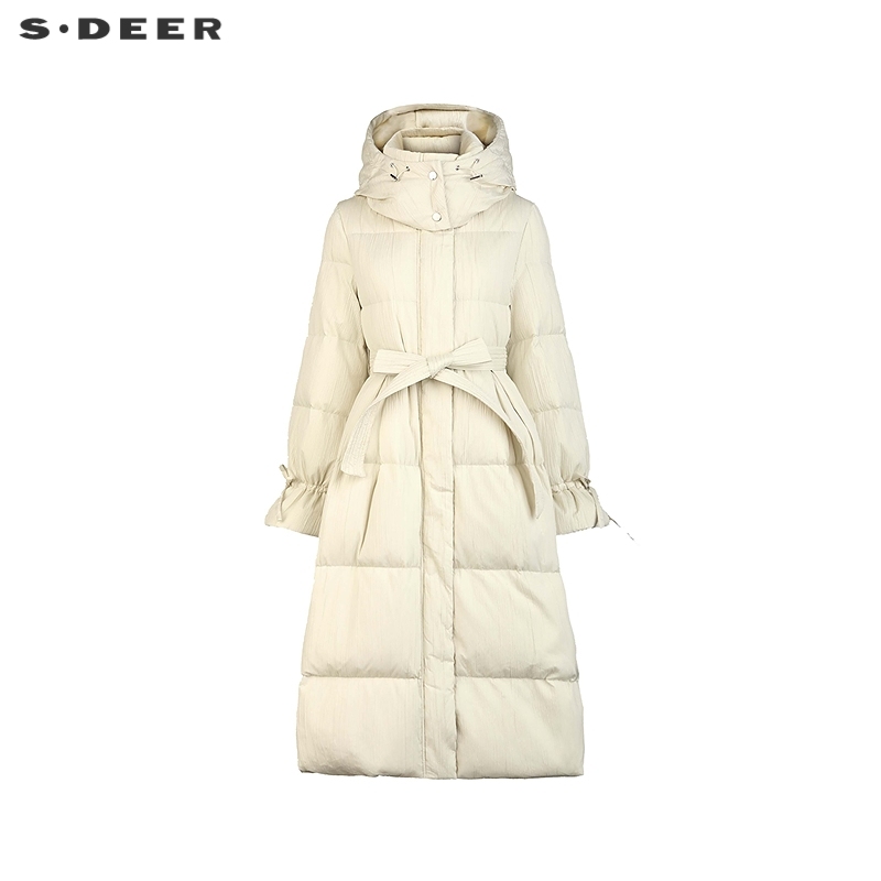 sdeer高领连帽收腰长款羽绒服