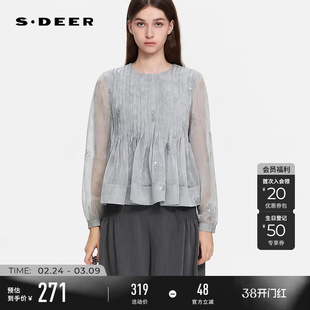 sdeer圣迪奥女装春秋装田园风圆领风琴褶绣花衬衫S253Z0521