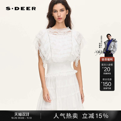 sdeer花边松紧网纱拼接短袖上衣