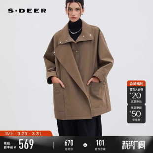sdeer圣迪奥女26春新款OL风立领廓形插袋中长款风衣外套S26161702