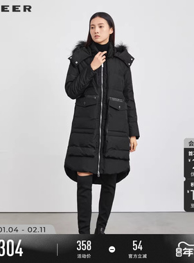 sdeer圣迪奥冬装女装毛领连帽不规则黑色长款羽绒服女S214Z2467