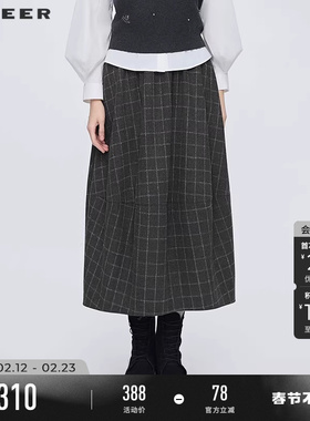 sdeer圣迪奥女装春秋装松紧撞色格纹毛呢A字伞裙S253Z1139