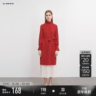 sdeer圣迪奥秋冬装女装罗纹高领收腰灯笼袖针织连衣裙S224Z1292