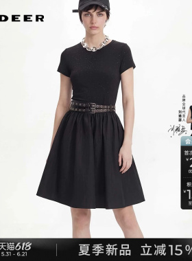 sdeer圣迪奥26夏新品极简圆领碎褶拼接黑色显瘦连衣裙女S262Z1206