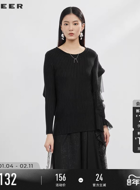 sdeer圣迪奥春秋装女装罗纹圆领网纱拼接长袖针织衫毛衣S223Z3536