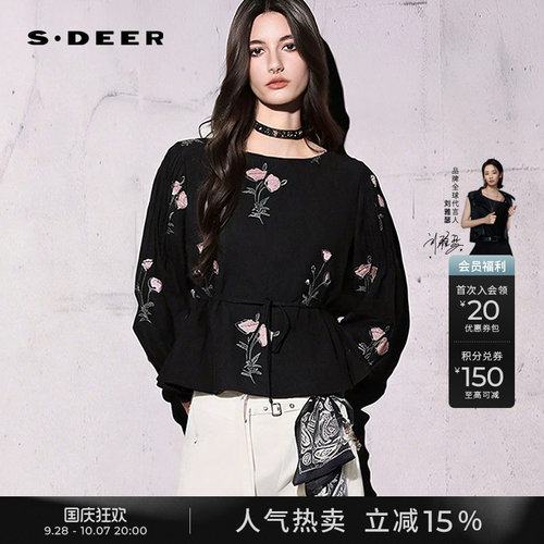 sdeer复古圆领绣花收腰长袖衬衫