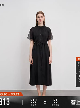 sdeer圣迪奥夏季女装木耳边圆领风琴褶收腰网纱连衣裙S242Z1268