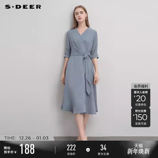 sdeer圣迪奥秋季 V领压褶收腰不规则雪纺连衣裙S233Z1286 女装