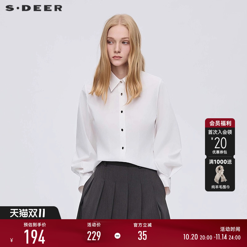 sdeerOL翻领压褶灯笼袖白色衬衫