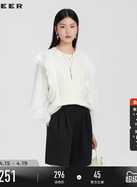 sdeer圣迪奥春装女装罗纹圆领钩花灯笼袖针织衫S231Z3518