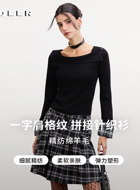 sdeer圣迪奥女装26年春新品通勤风一字肩格纹拼接针织衫S261Z3504