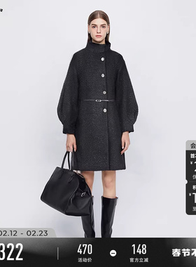 sdeer圣迪奥冬季女装立领格纹泡泡袖长款毛呢大衣S224Z25B1