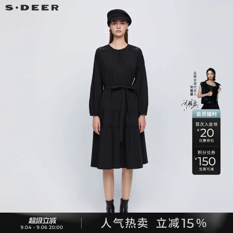 sdeer圣迪奥秋装女装复古圆领木耳边收腰长袖黑色连衣裙S243Z1261