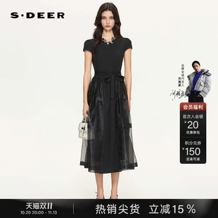 sdeer圣迪奥26年夏新款优雅圆领欧根纱短袖黑色连衣裙S262Z1276
