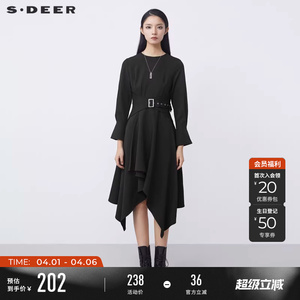 sdeer圣迪奥冬季女装圆领收腰长袖连衣裙S21481223