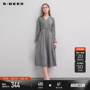 sdeer圣迪奥春秋装女装V领风琴褶拼接长袖连衣裙S233Z12V2
