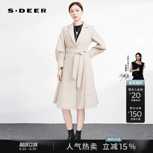 sdeer收腰网纱泡泡袖长款风衣