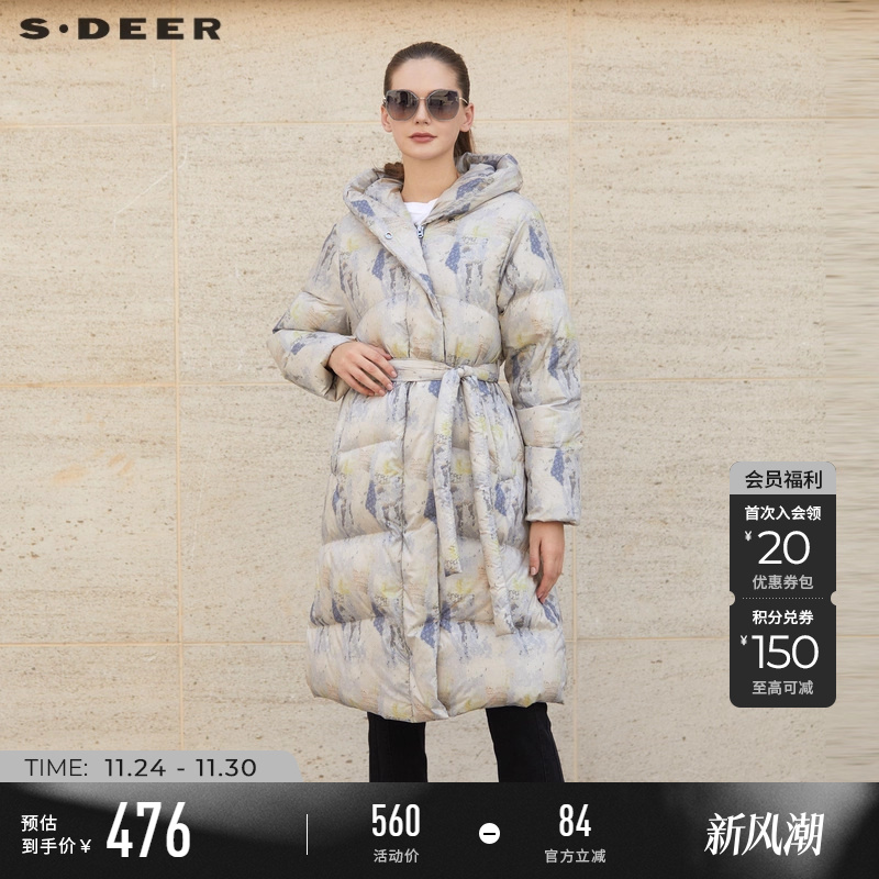 sdeer连帽晕染印花收腰羽绒服