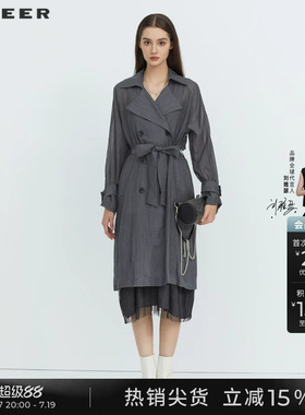 sdeer圣迪奥秋装薄款风衣女翻领收腰双排扣长款外套S223Z1804