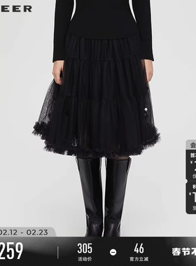 sdeer圣迪奥女装春秋装复古松紧高腰网纱碎褶A字短裙S253Z1306