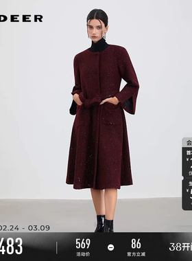 sdeer圣迪奥女装春秋装时尚圆领收腰亮片毛呢长款大衣S253Z2503
