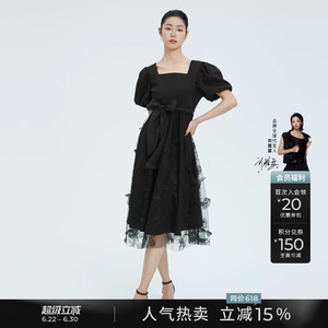 sdeer圣迪奥夏装方领蝴蝶收腰网纱泡泡袖法式茶歇连衣裙S22281221
