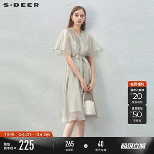 连衣裙S232Z12NM sdeer圣迪奥夏女淡人穿搭优雅V领风琴褶收腰短袖