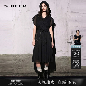 sdeer圣迪奥夏季女装小黑裙V领拼接收腰雪纺短袖连衣裙S232Z12PR