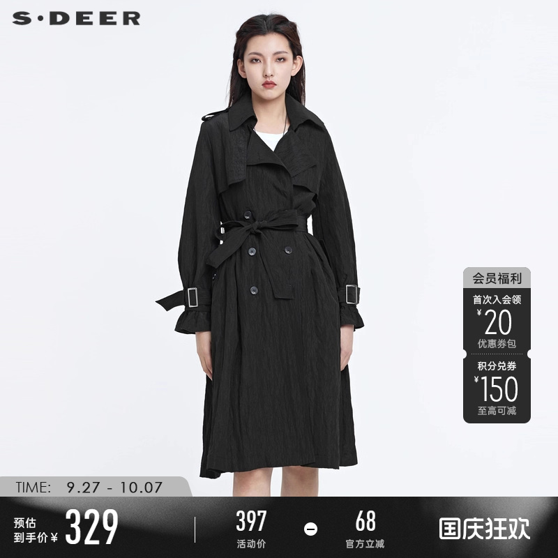 s.deer双排扣中长款风衣外套